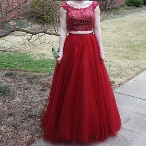 Madison James Red Emebllished Two Piece Flowy Skirt Prom Formal Dress 2